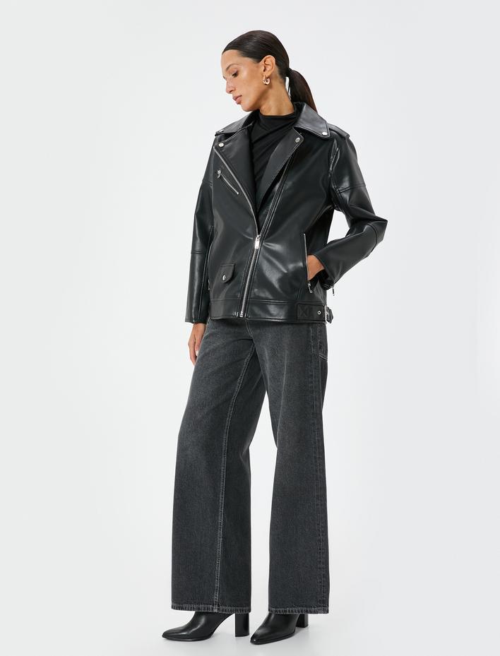  Suni Deri Ceket Kruvaze Yaka Fermuarlı Cepli Rahat Kalıp