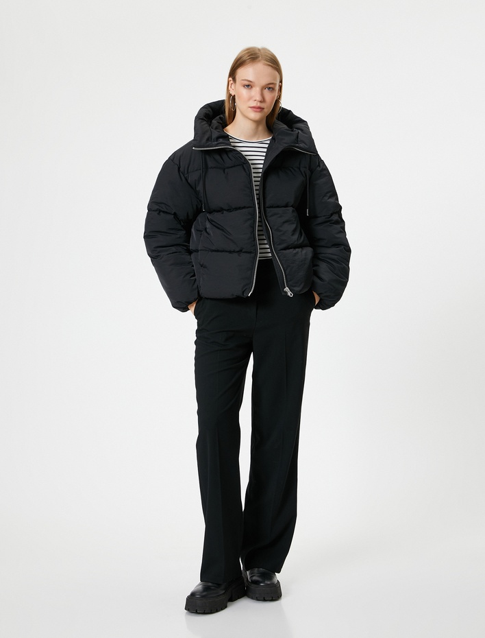  Kısa Şişme Mont Kapüşonlu Fermuarlı Cepli Rahat Kalıp