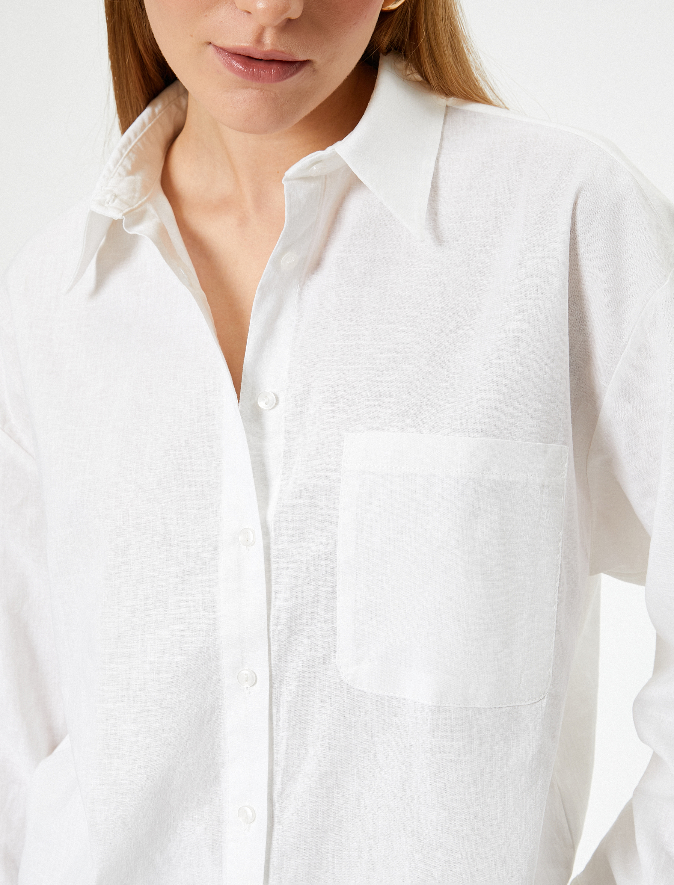   Oversize Keten Gömlek Uzun Kollu Cepli