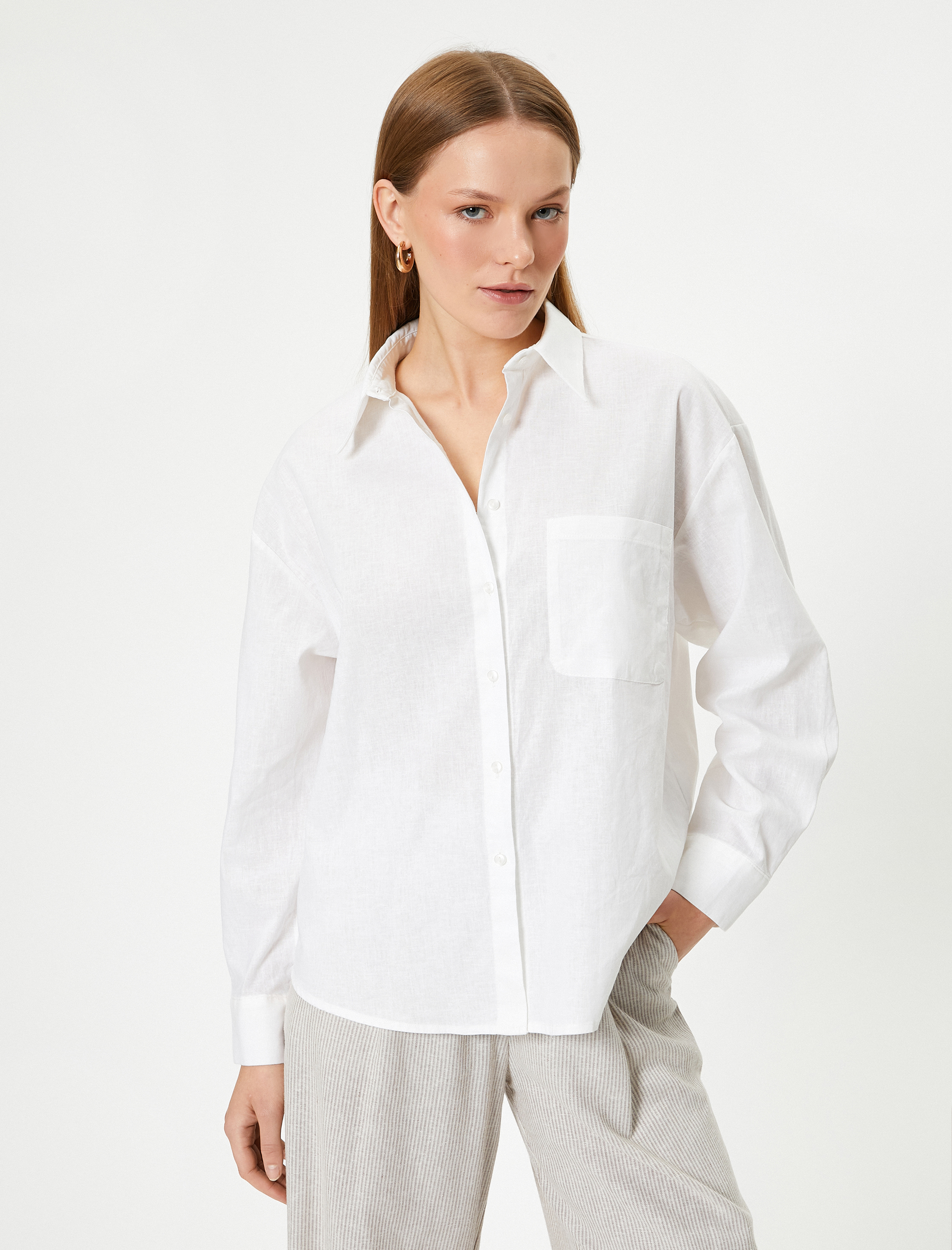   Oversize Keten Gömlek Uzun Kollu Cepli