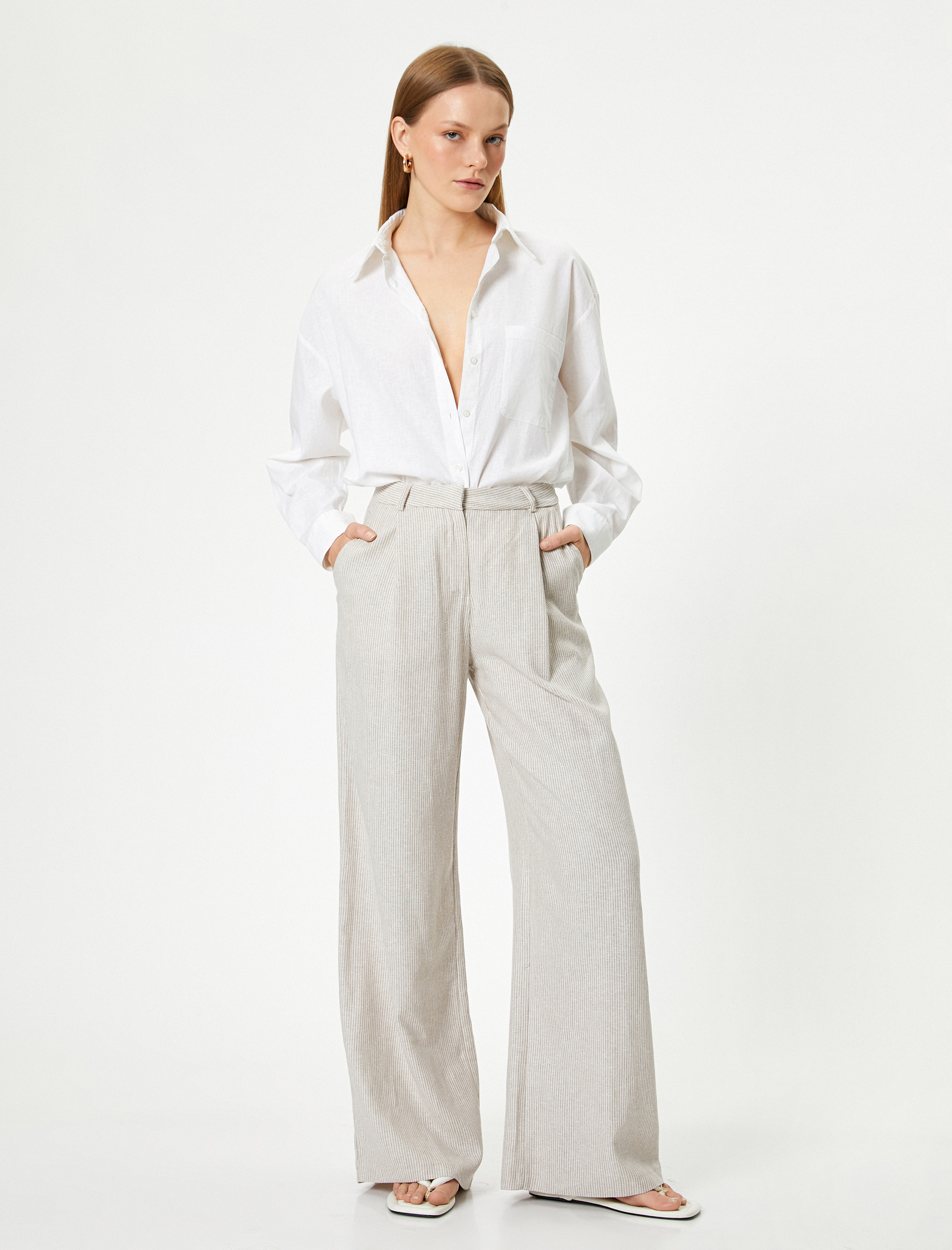   Oversize Keten Gömlek Uzun Kollu Cepli