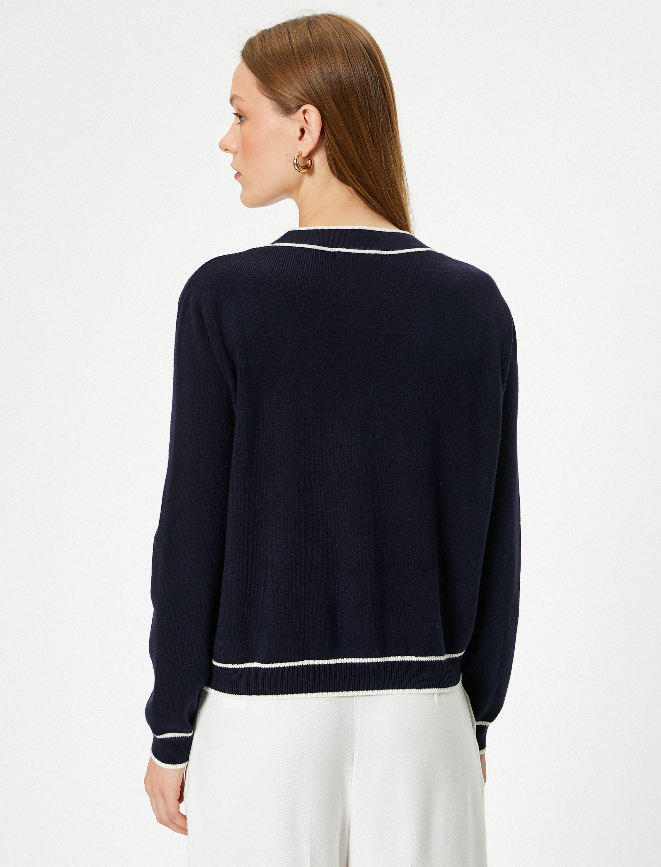 V Yaka Triko Yelek Renk Kontrastlı Uzun Kollu Düğmeli