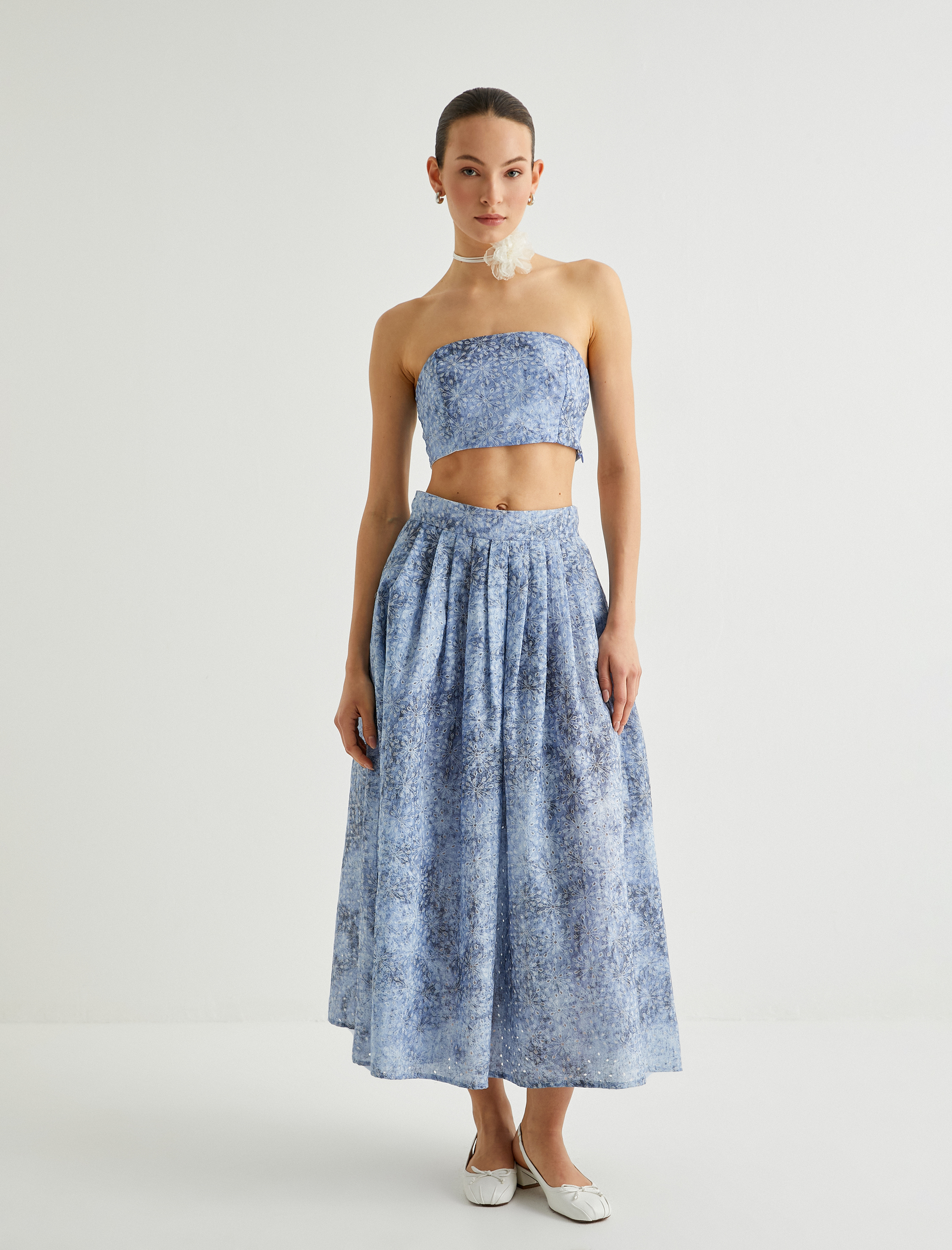   Crop Straplez Büstiyer Çiçekli Fistolu Slim Fit