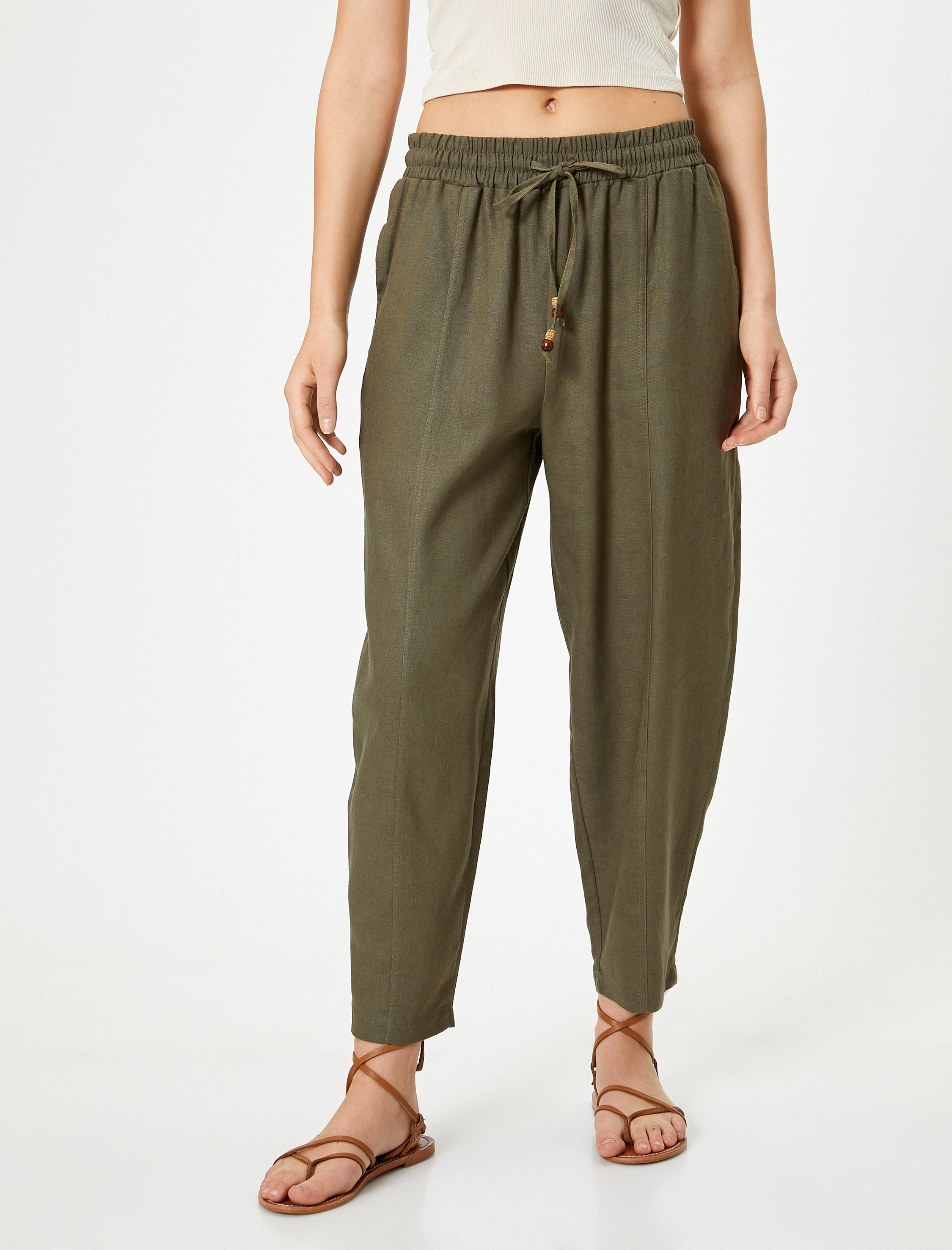   Keten Pantolon Astarlı Cepli Beli Bağlamalı