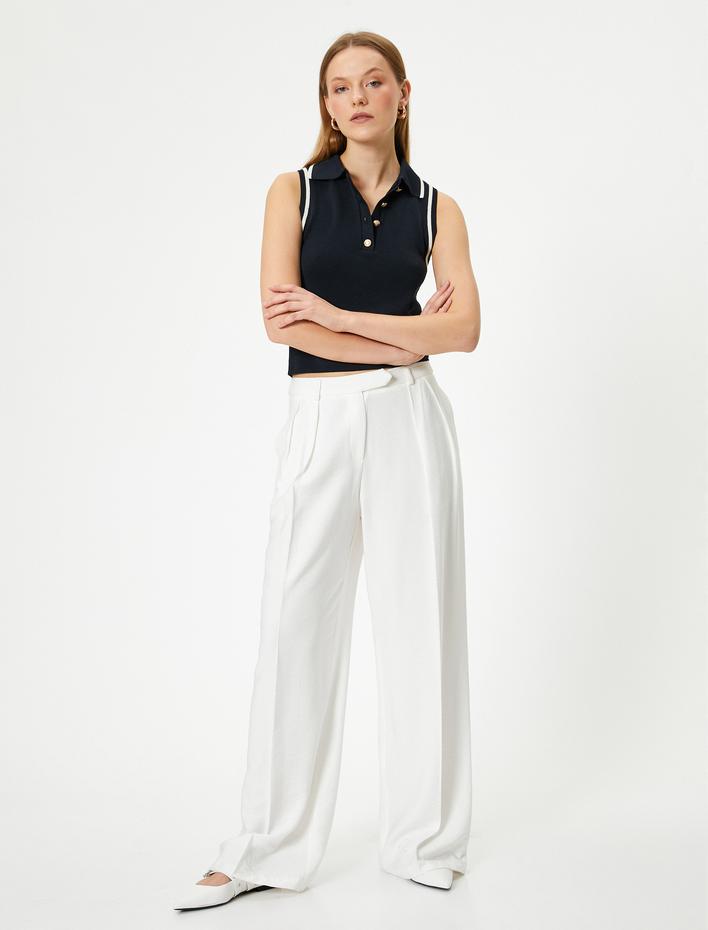  Renk Kontrast Detaylı Gold Düğmeli Polo Yaka Kolsuz Triko Üst