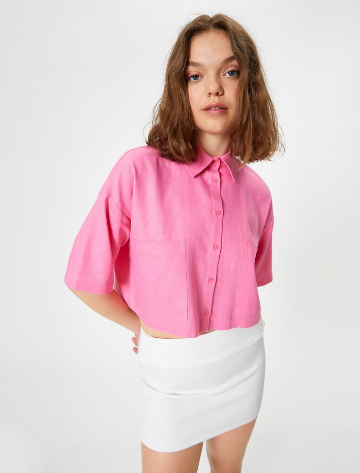  Crop Keten Gömlek Dirsek Boy Kısa Kollu Cepli Rahat Kalıp