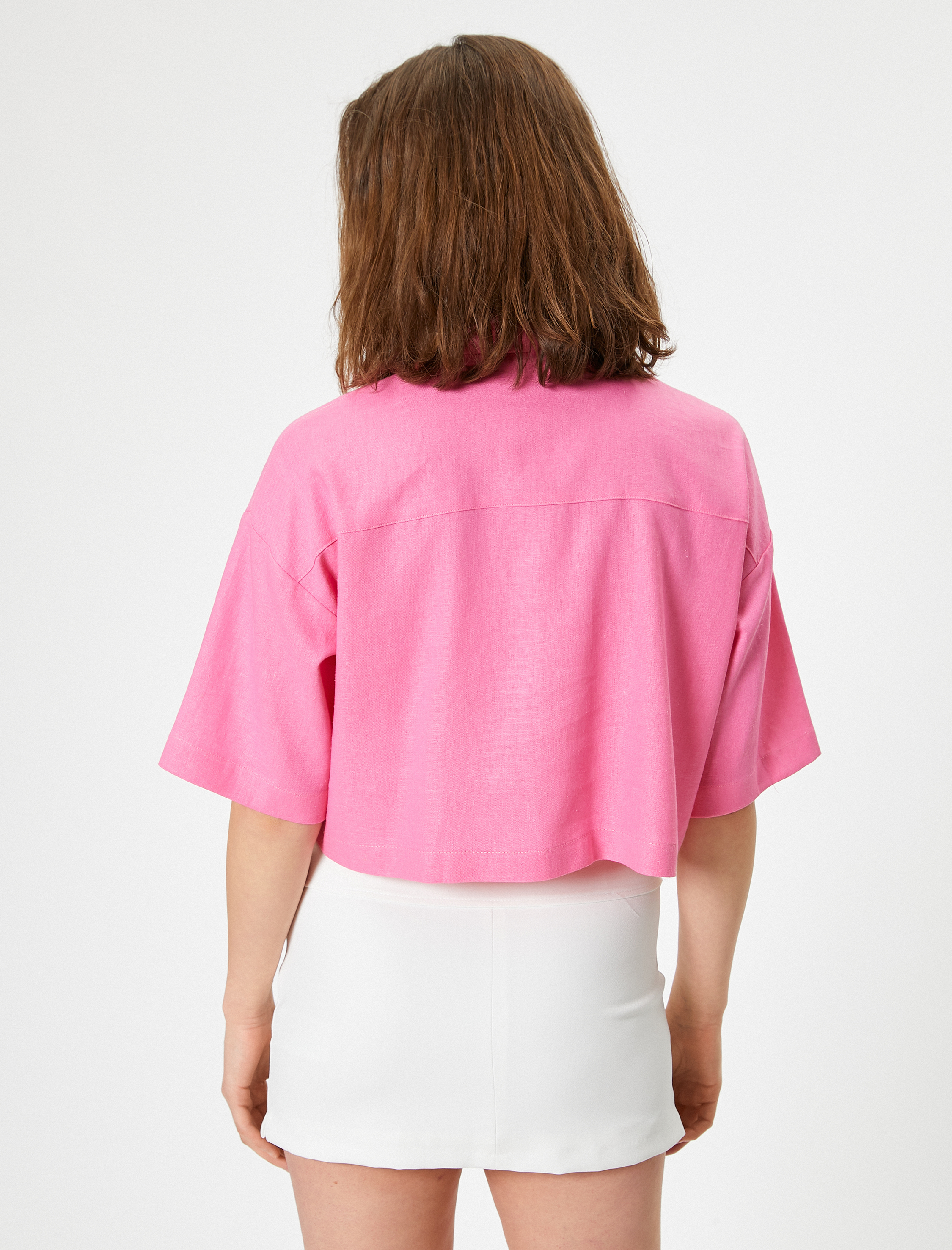   Crop Keten Gömlek Dirsek Boy Kısa Kollu Cepli Rahat Kalıp