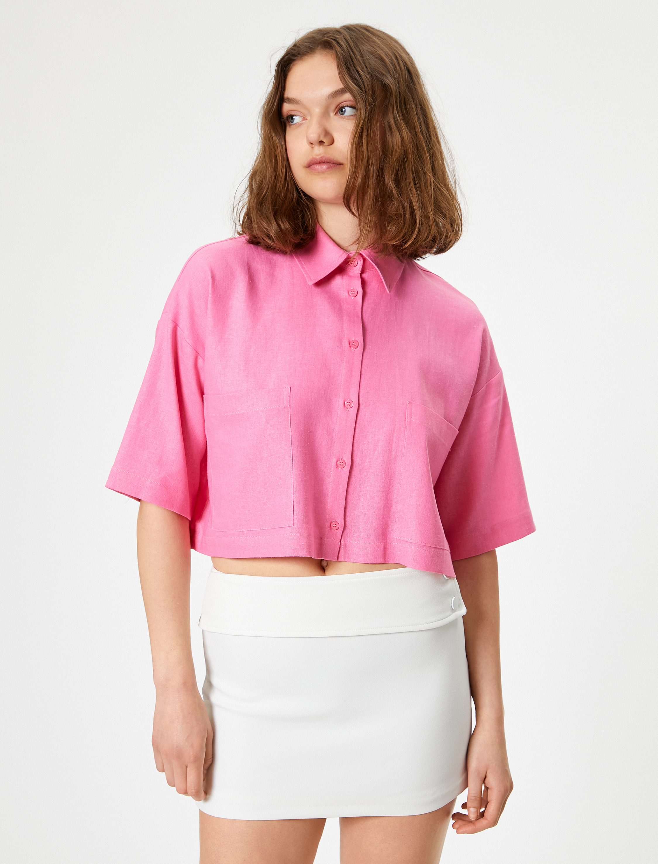   Crop Keten Gömlek Dirsek Boy Kısa Kollu Cepli Rahat Kalıp