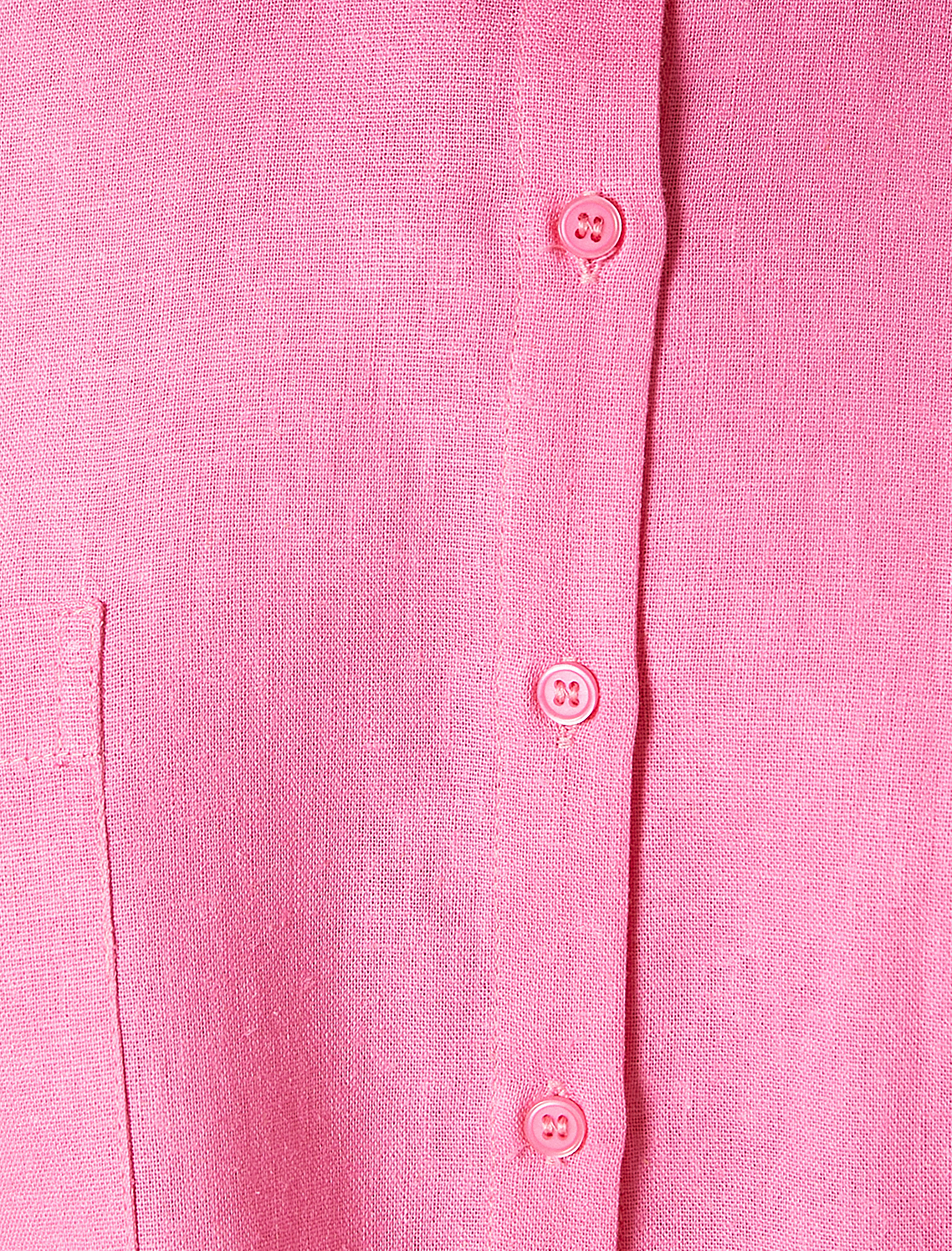   Crop Keten Gömlek Dirsek Boy Kısa Kollu Cepli Rahat Kalıp