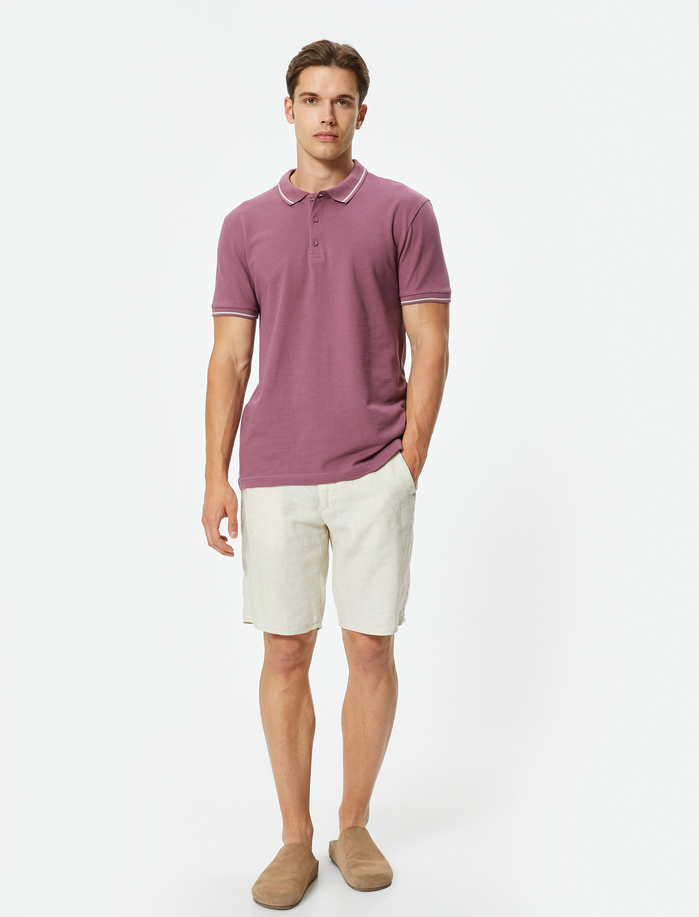   Slim Fit Polo Tişört Kısa Kollu Çizgi Detaylı Pamuklu