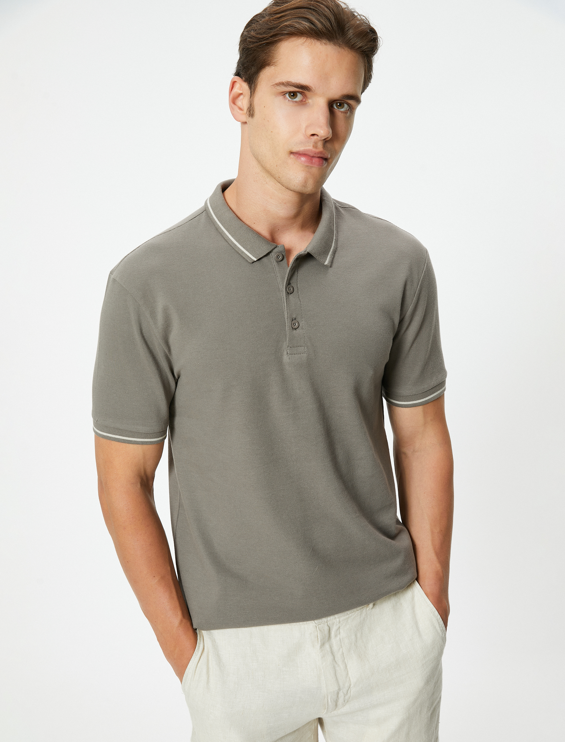 Slim Fit Polo Tişört Kısa Kollu Çizgi Detaylı Pamuklu