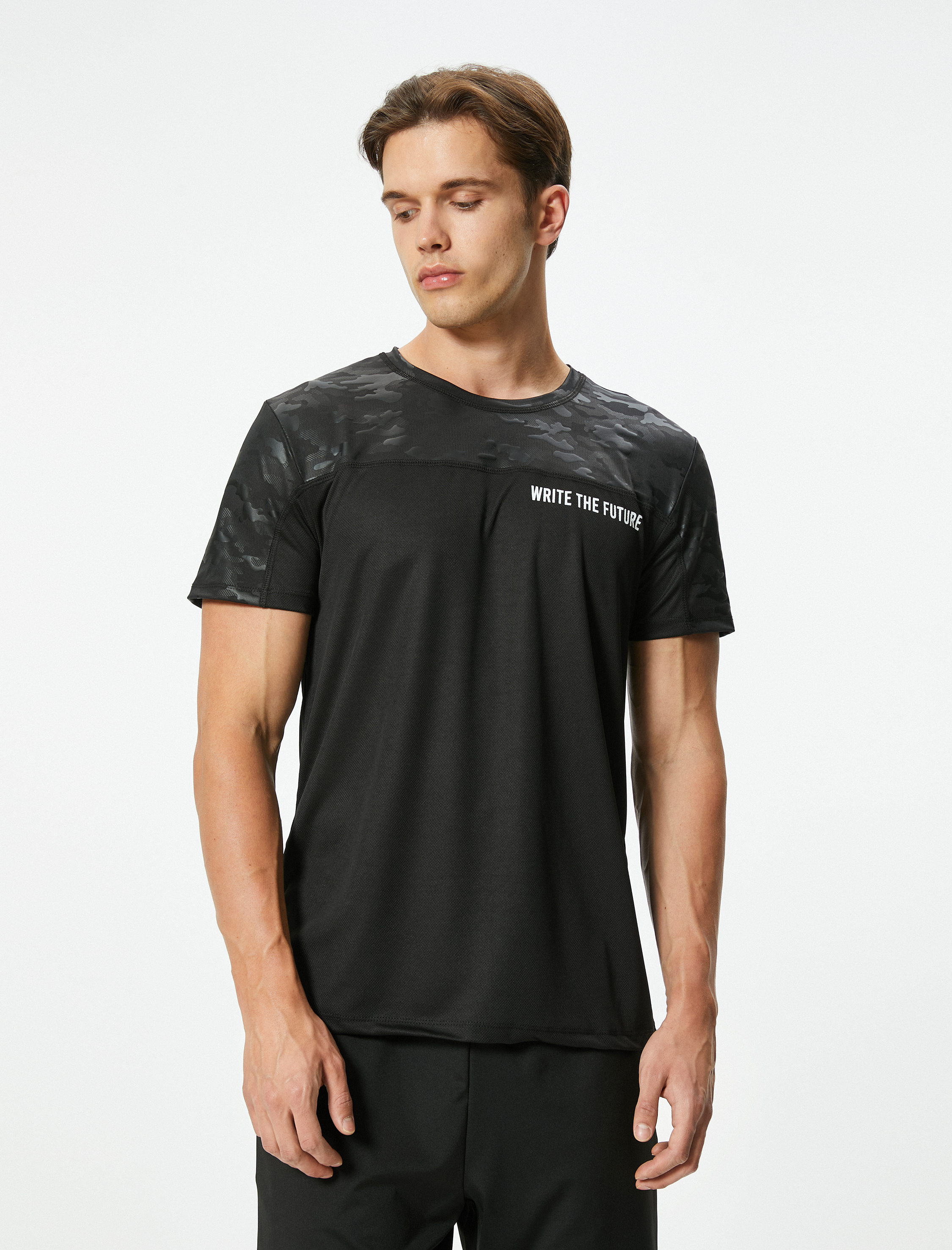   Spor Tişört Kamuflaj Detaylı Slogan Baskılı Kısa Kollu Bisiklet Yaka