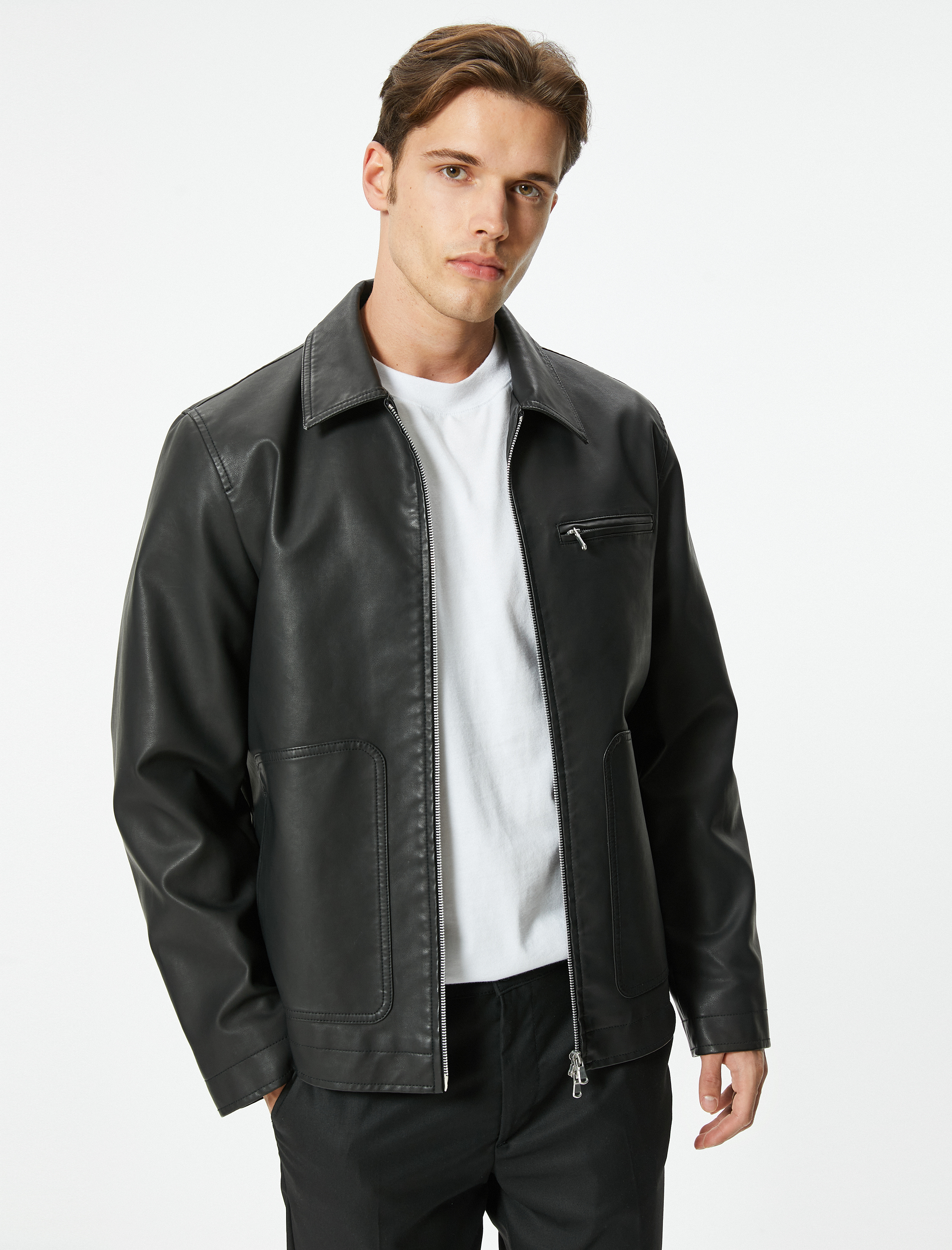 Suni Deri Ceket Slim Fit Fermuarlı Cep Detaylı