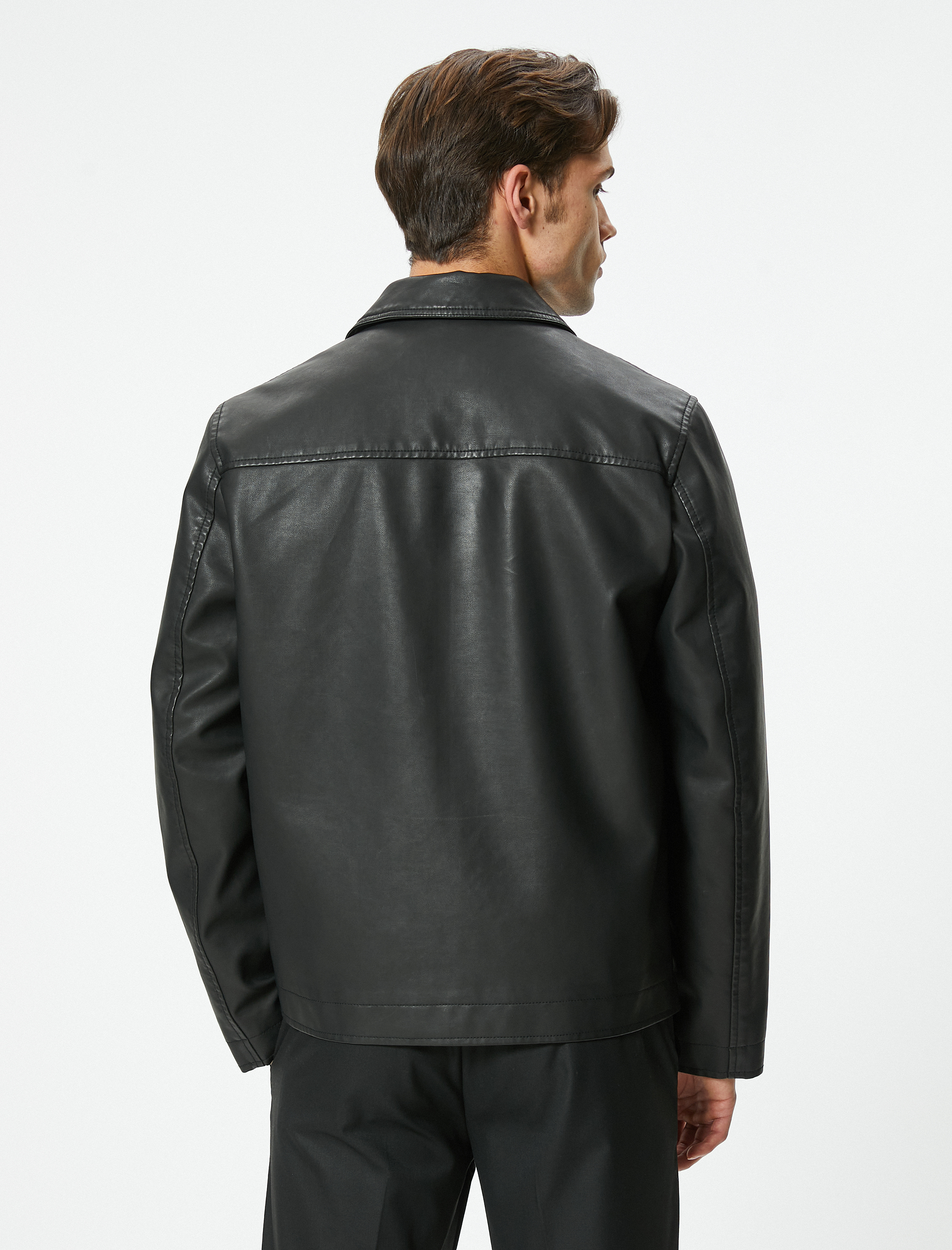 Suni Deri Ceket Slim Fit Fermuarlı Cep Detaylı