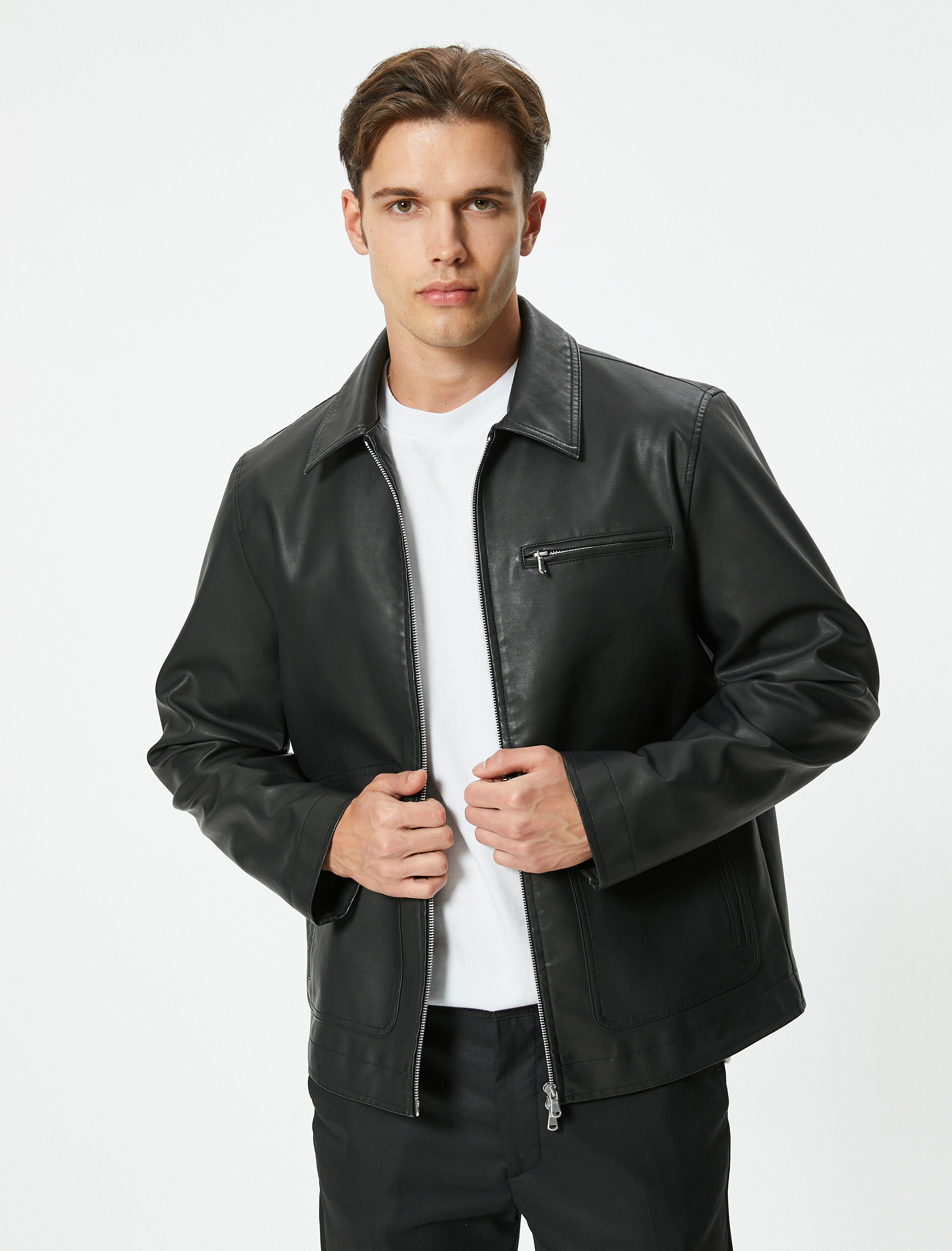Suni Deri Ceket Slim Fit Fermuarlı Cep Detaylı