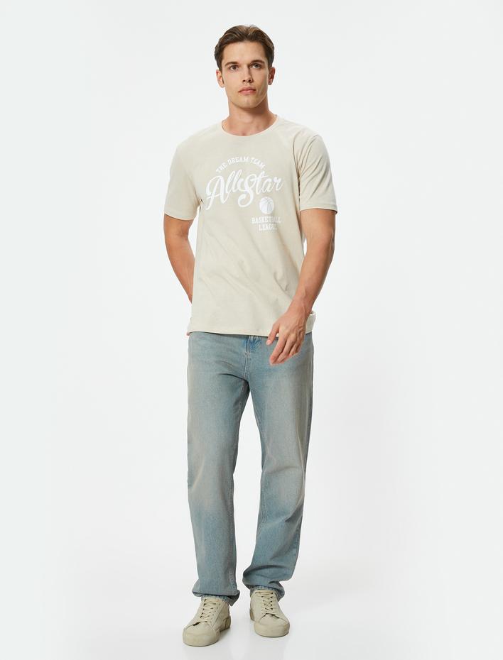  Slogan Baskılı Tişört Kısa Kollu Bisiklet Yaka Pamuklu