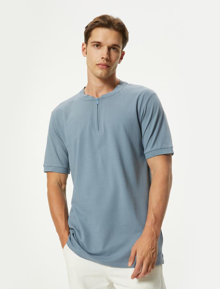  Hakim Yaka Tişört Yarım Fermuarlı Slim Fit Kısa Kollu