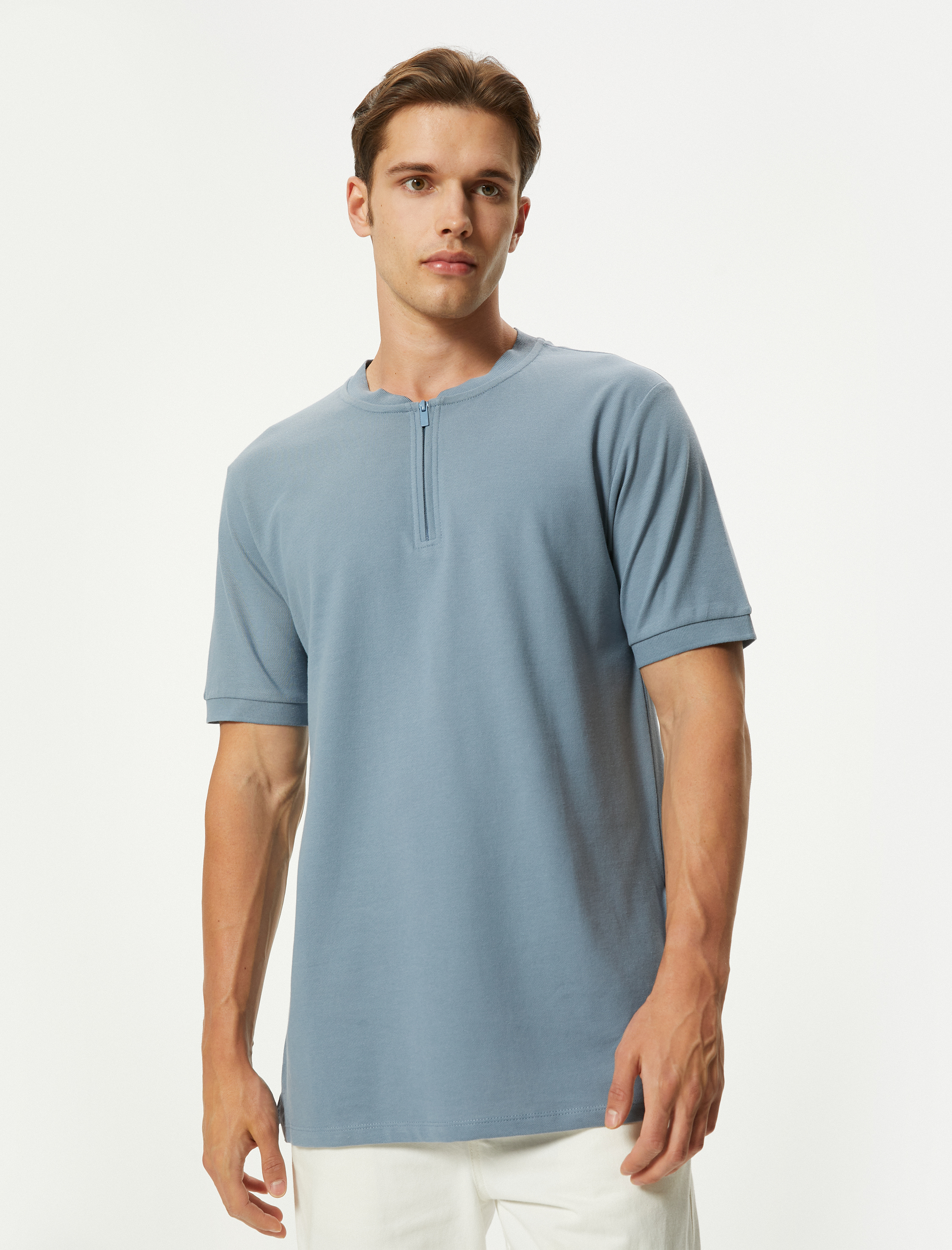   Hakim Yaka Tişört Yarım Fermuarlı Slim Fit Kısa Kollu