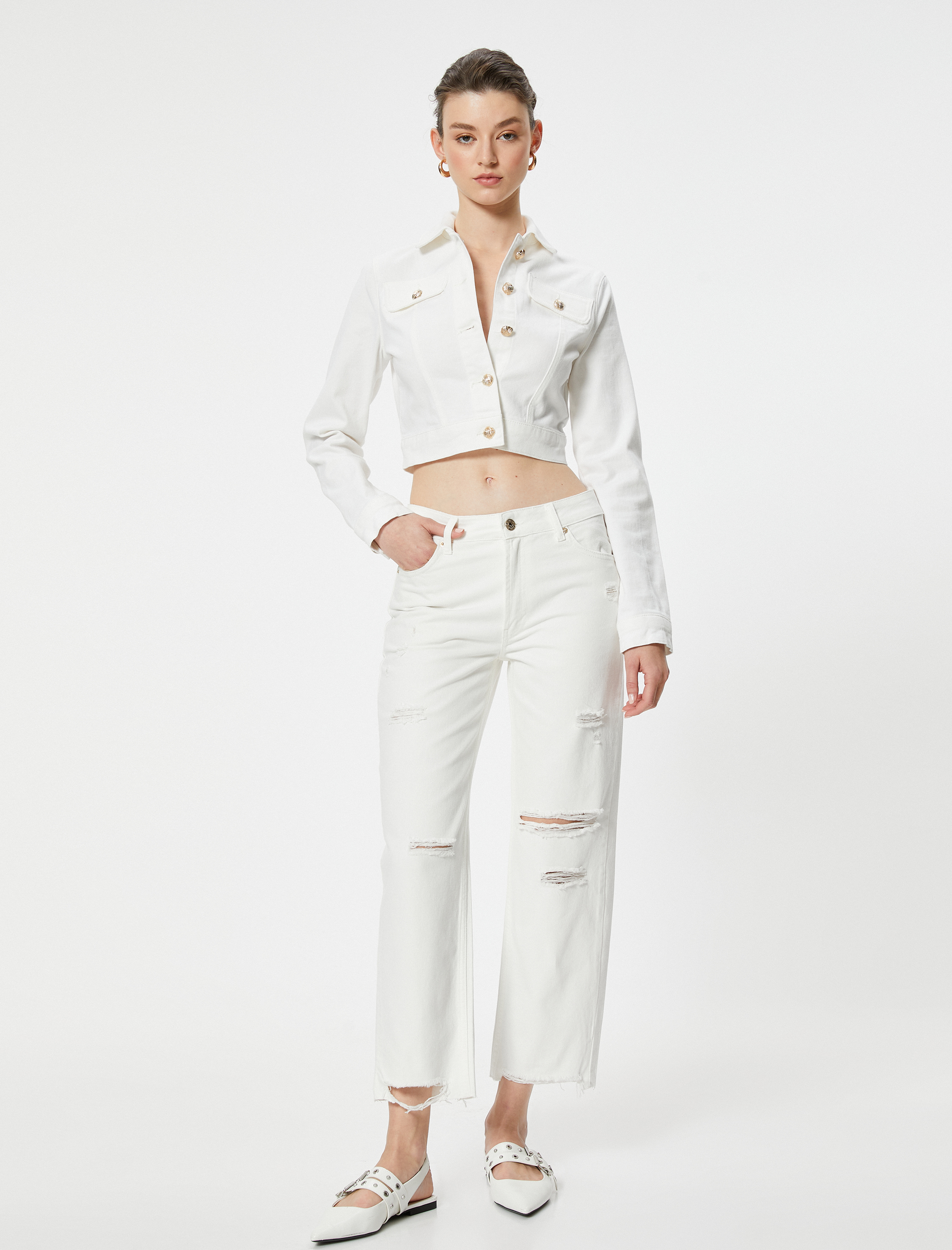   Yırtık Kot Pantolon Düz Paça Cepli - Eve Straight Jeans