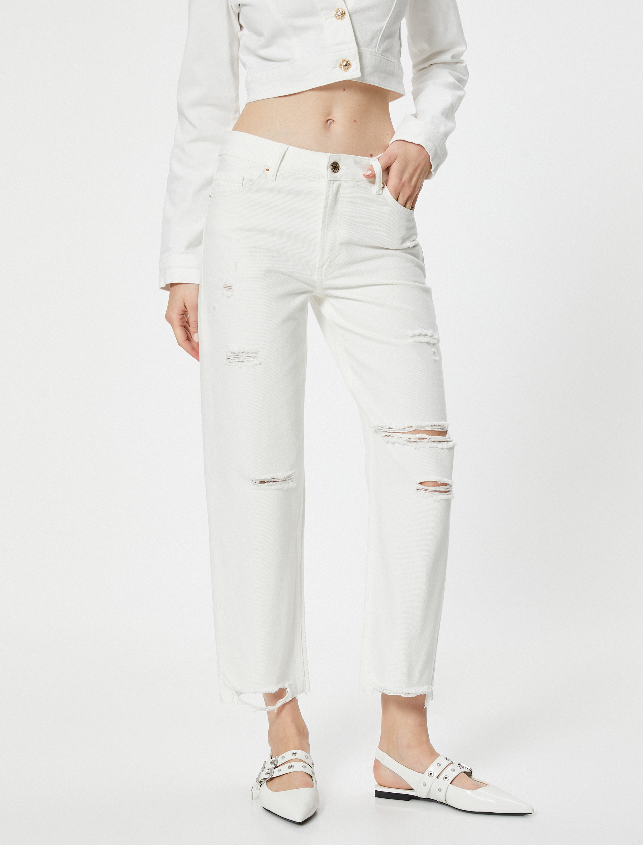   Yırtık Kot Pantolon Düz Paça Cepli - Eve Straight Jeans