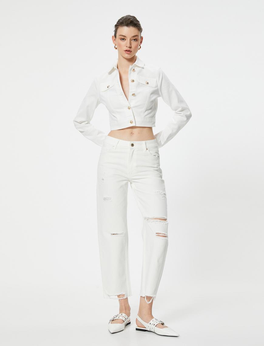   Yırtık Kot Pantolon Düz Paça Cepli - Eve Straight Jeans