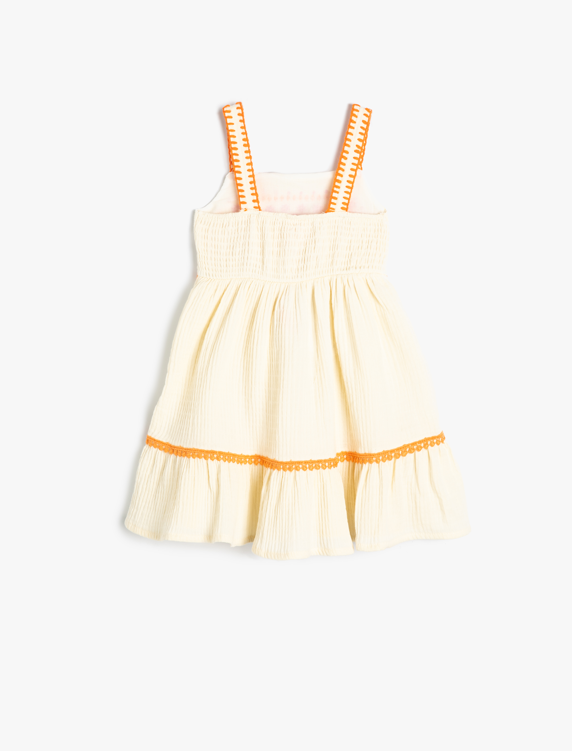  Kız Bebek Askılı Elbise Müslin Kumaş İşleme Detaylı Katlı Pamuklu