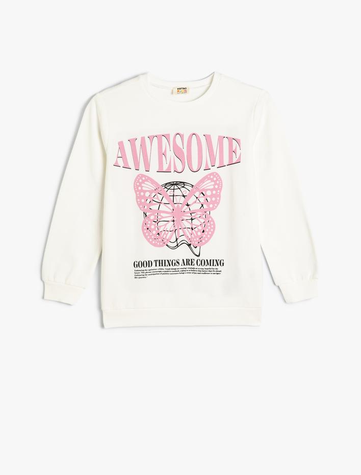 Kız Çocuk Kelebekli Sweatshirt Uzun Kollu Bisiklet Yaka Pamuklu Şardonlu