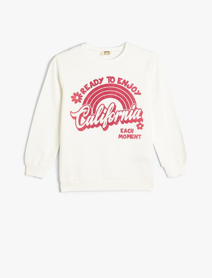 Kız Çocuk Sweatshirt California Baskılı Simli Uzun Kollu Bisiklet Yaka Pamuklu