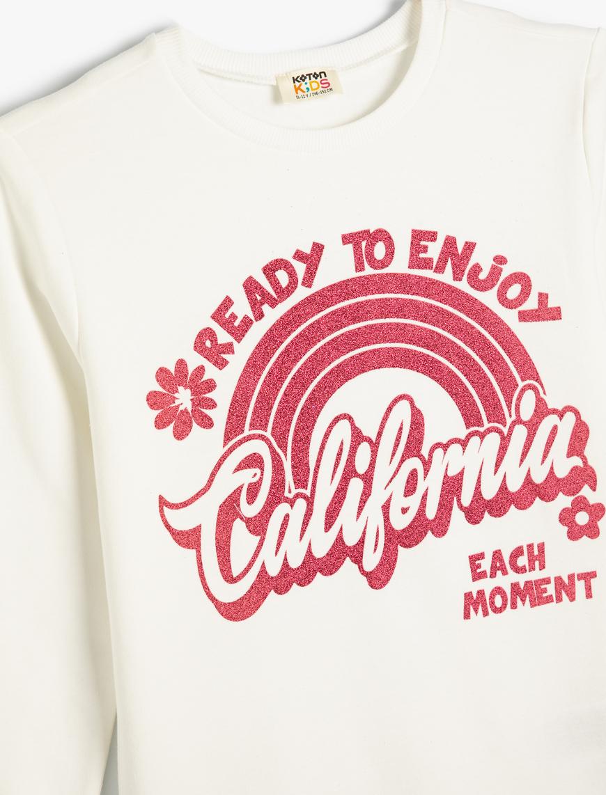  Kız Çocuk Sweatshirt California Baskılı Simli Uzun Kollu Bisiklet Yaka Pamuklu