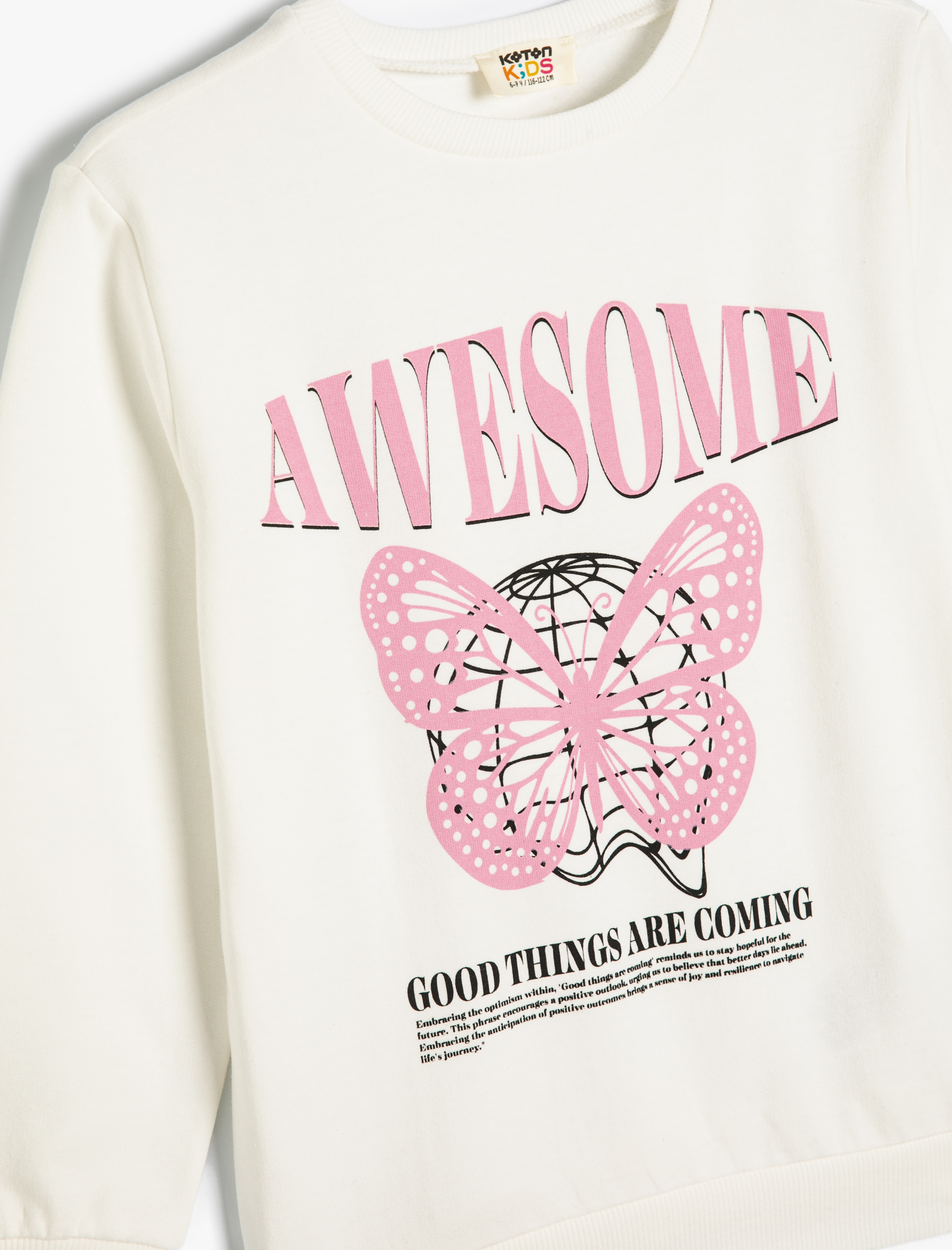  Kız Çocuk Kelebekli Sweatshirt Uzun Kollu Bisiklet Yaka Pamuklu Şardonlu