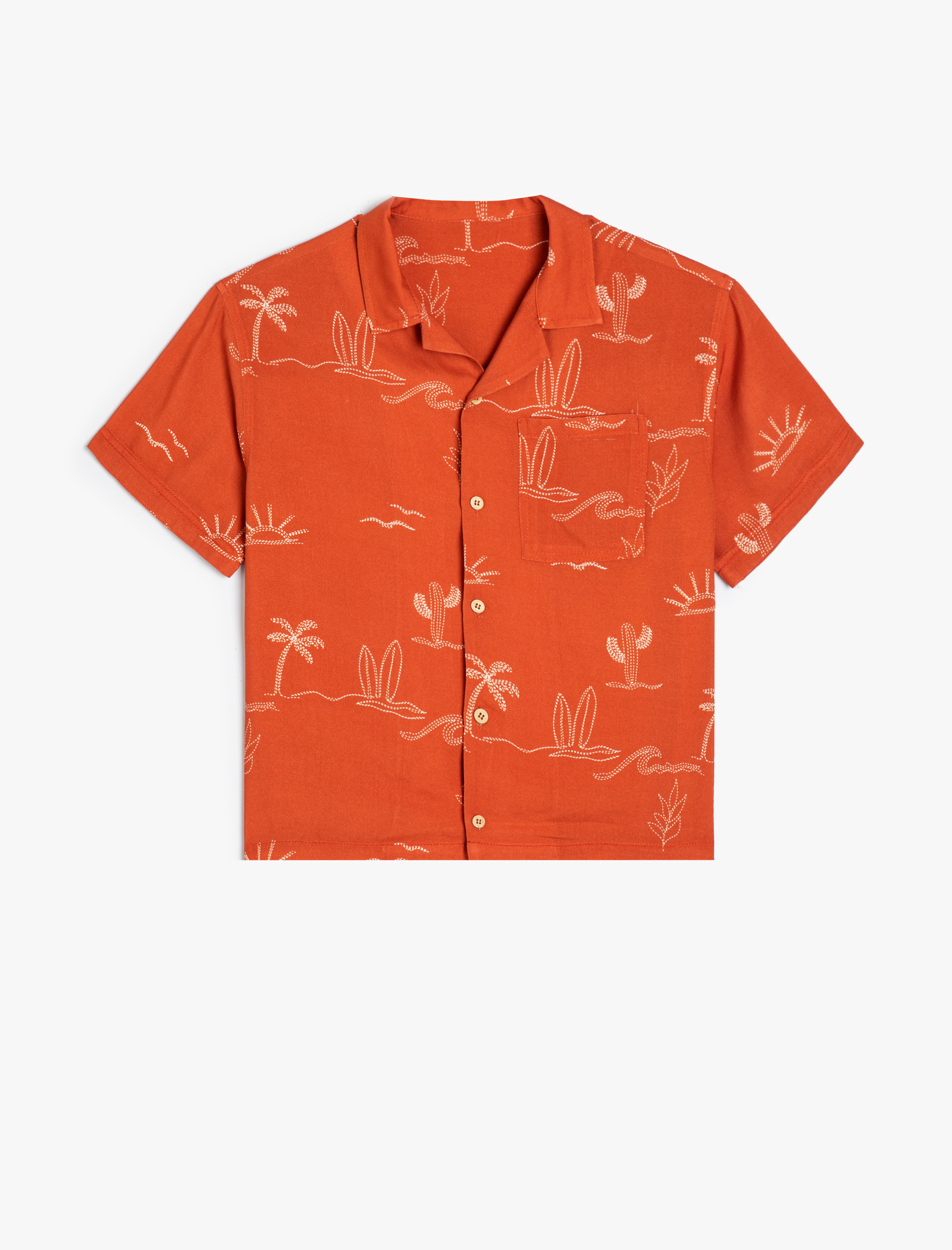  Erkek Çocuk Kısa Kollu Gömlek Baskı Detaylı Tek Cepli Viskon Kumaş