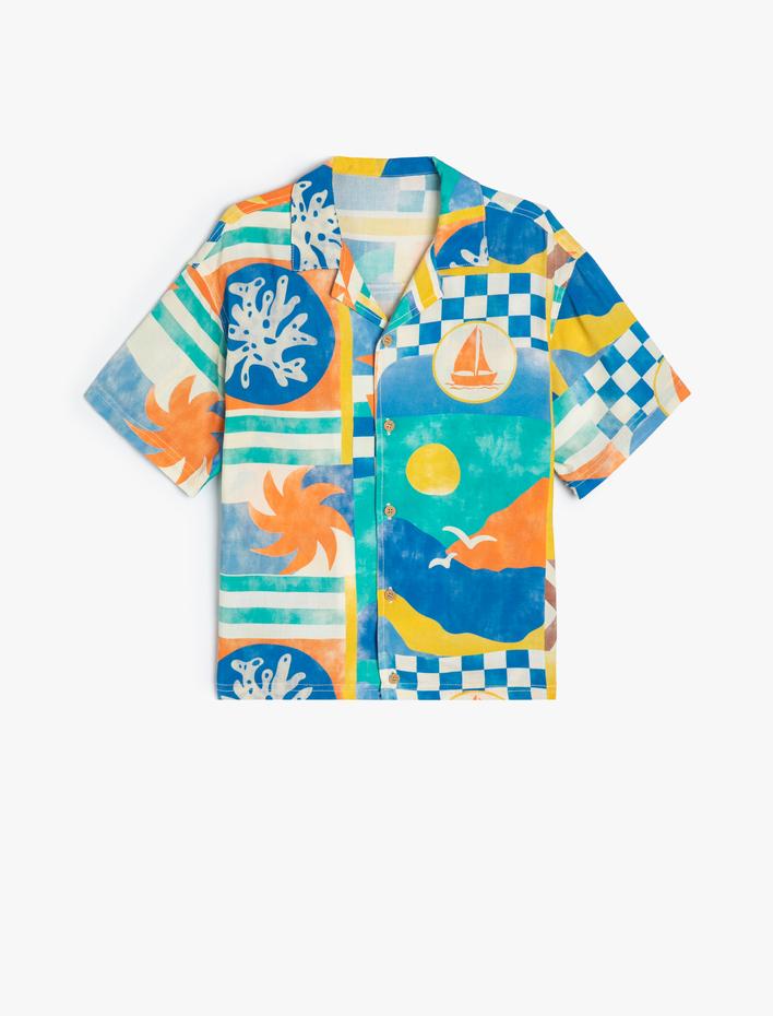 Erkek Çocuk Kısa Kollu Gömlek Yaz Baskı Detaylı Tek Cepli Viskon Kumaş