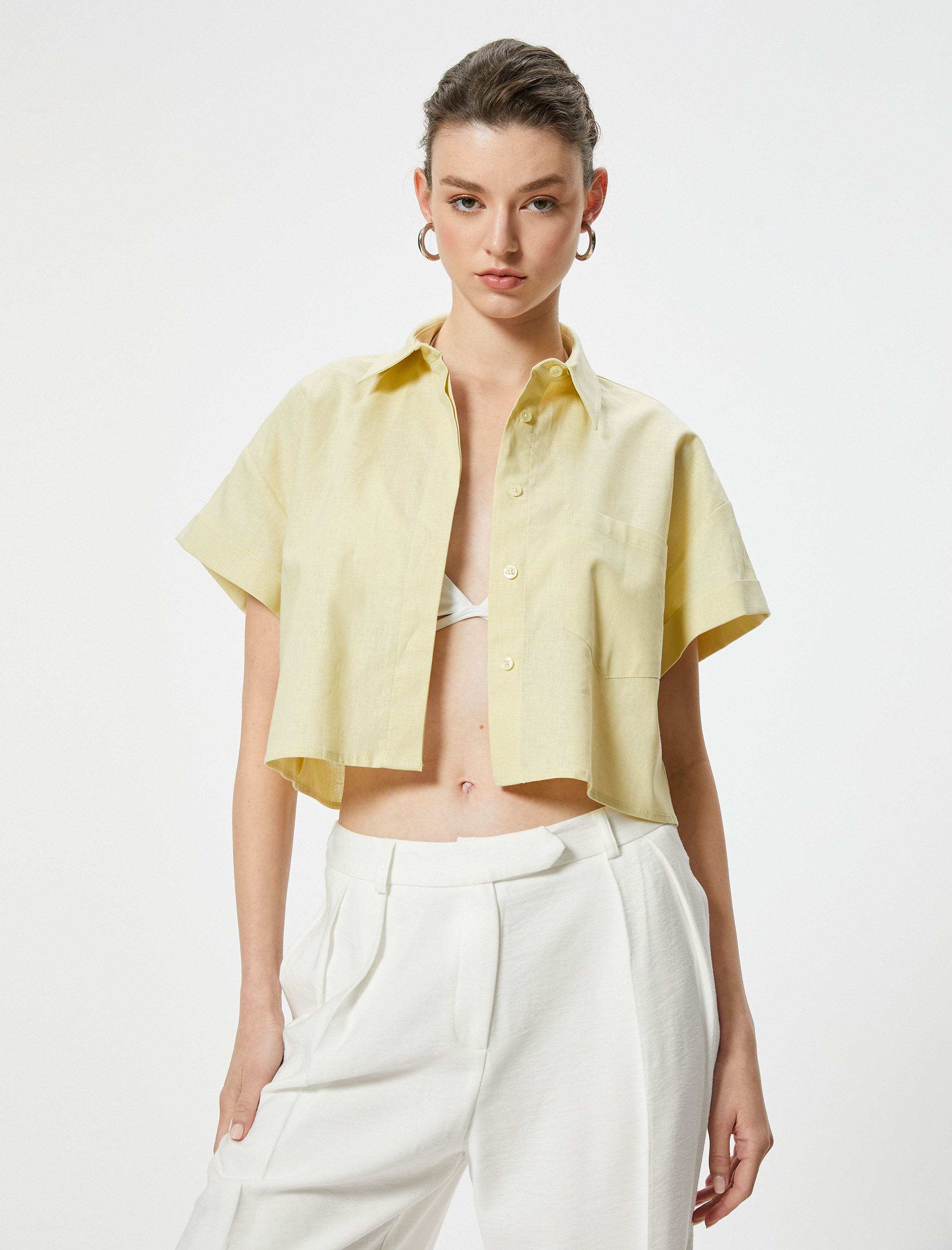   Crop Gömlek Cep Detaylı Keten Pamuk Karışımlı