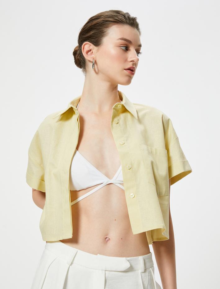  Crop Gömlek Cep Detaylı Keten Pamuk Karışımlı