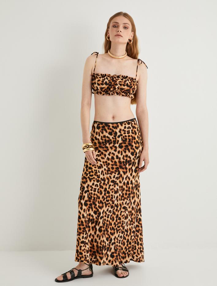 Leopar Desenli Büstiyer İnce Askılı Crop Viskon Kumaş