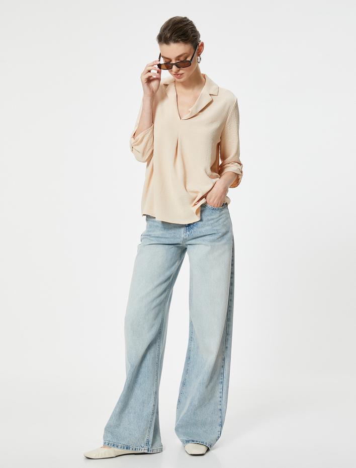  V Yaka Bluz Yarım Kollu Dokulu Standart Kesim