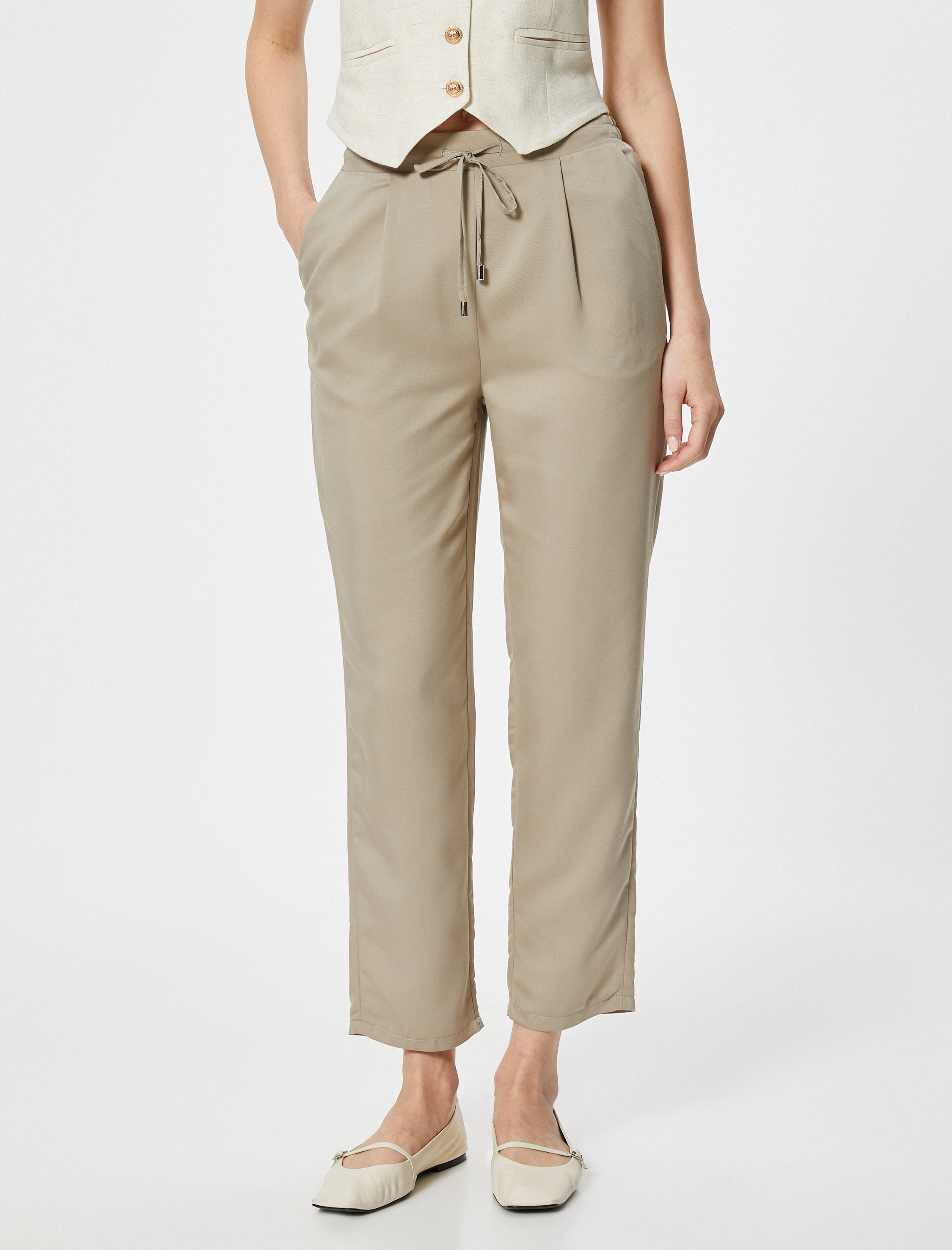   Chino Pantolon Bağcıklı Yüksek Bel Cep Detaylı