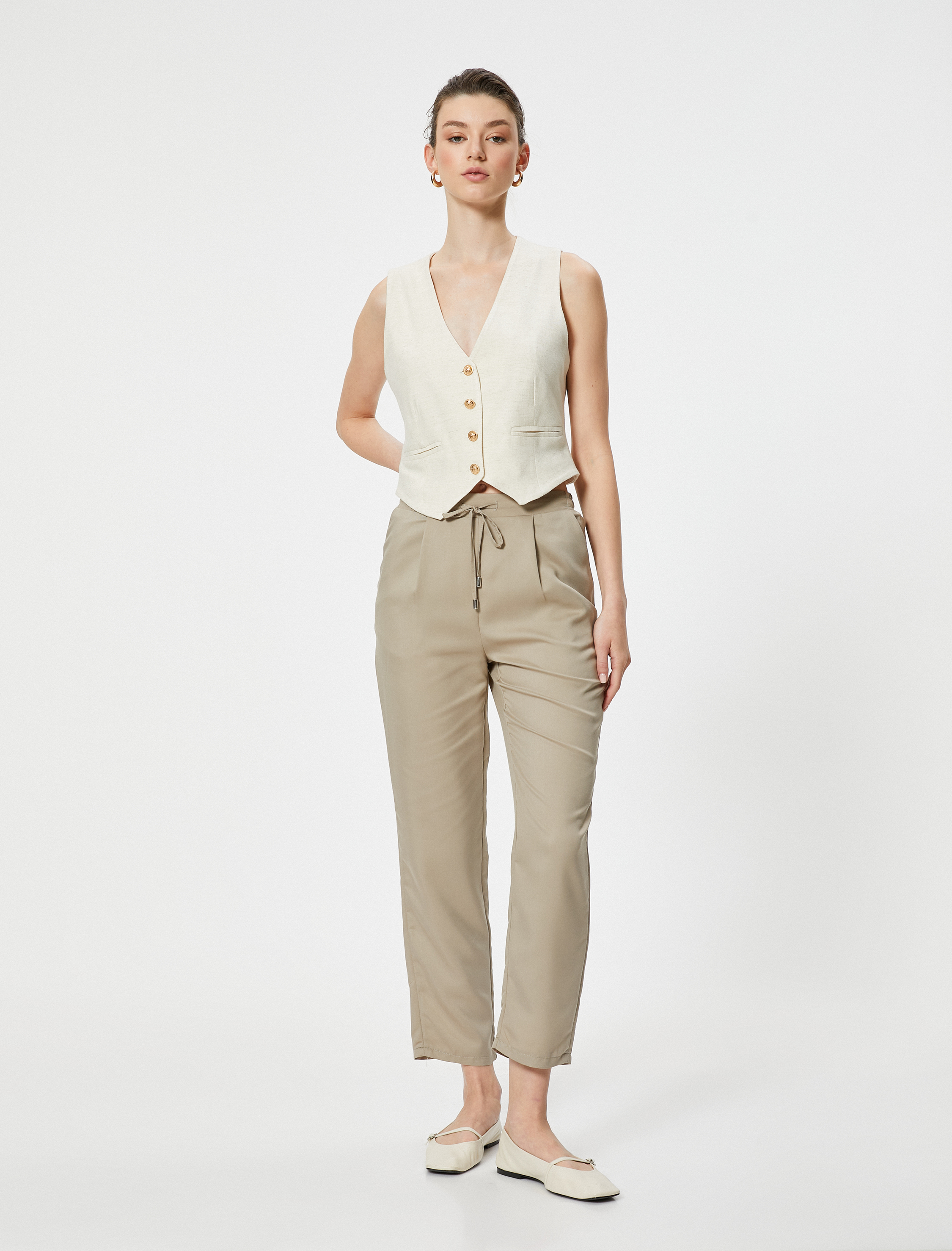   Chino Pantolon Bağcıklı Yüksek Bel Cep Detaylı