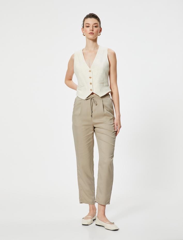  Chino Pantolon Bağcıklı Yüksek Bel Cep Detaylı