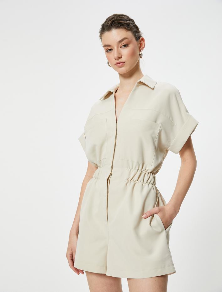  Oversize Şort Tulum Gipeli Cep Detaylı Kısa Kollu