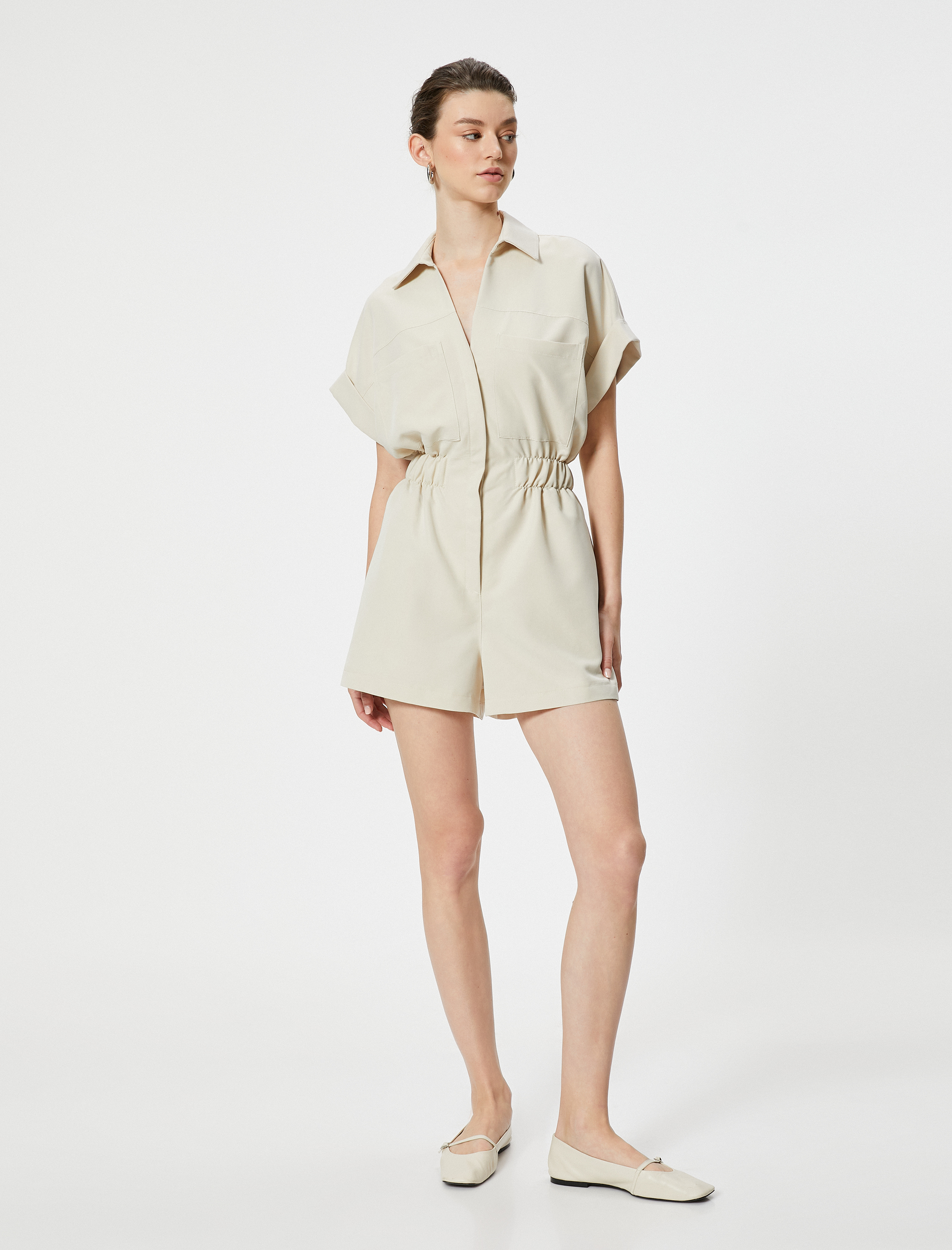   Oversize Şort Tulum Gipeli Cep Detaylı Kısa Kollu