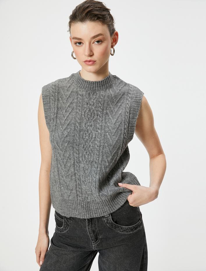  Dokulu Bisiklet Yaka Kolsuz Saç Örgü Süveter