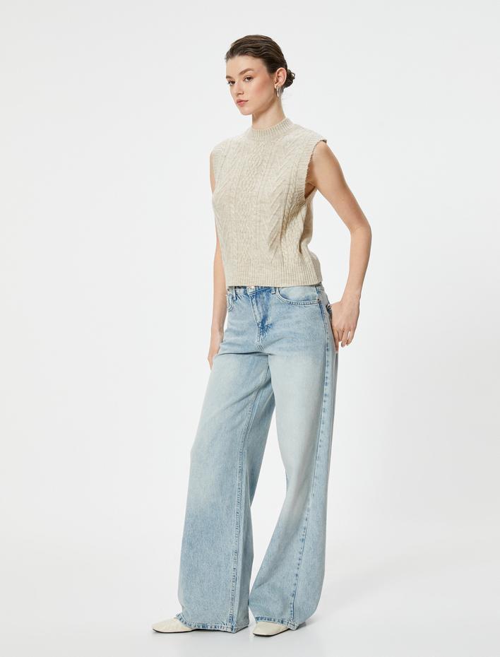  Dokulu Bisiklet Yaka Kolsuz Saç Örgü Süveter