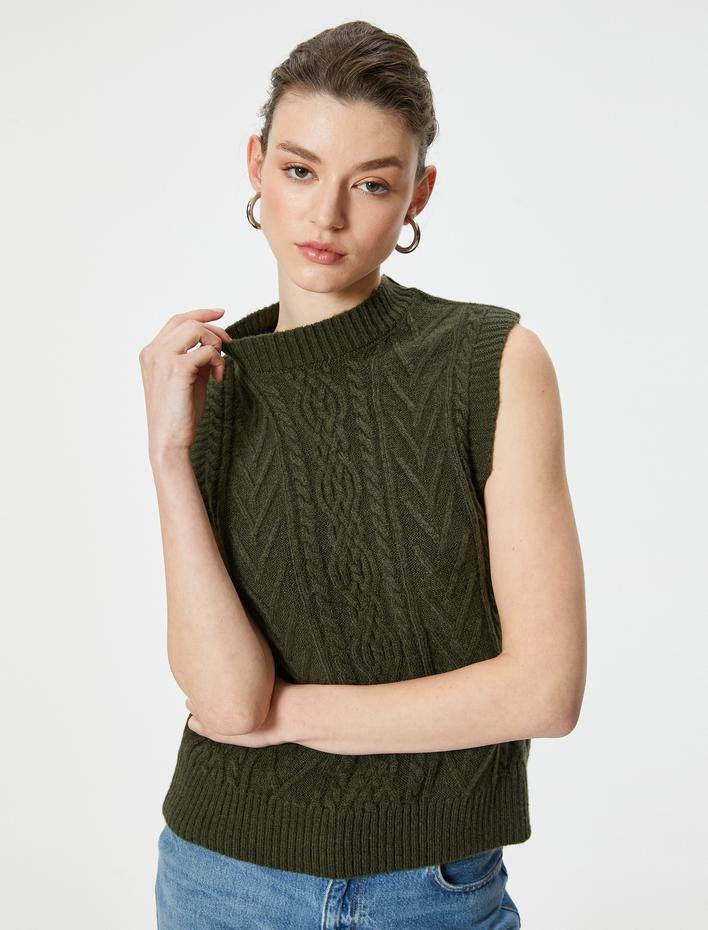  Dokulu Bisiklet Yaka Kolsuz Saç Örgü Süveter