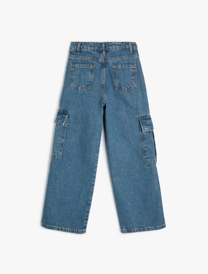 Kız Çocuk Kargo Kot Pantolon Geniş Paça Pamuklu