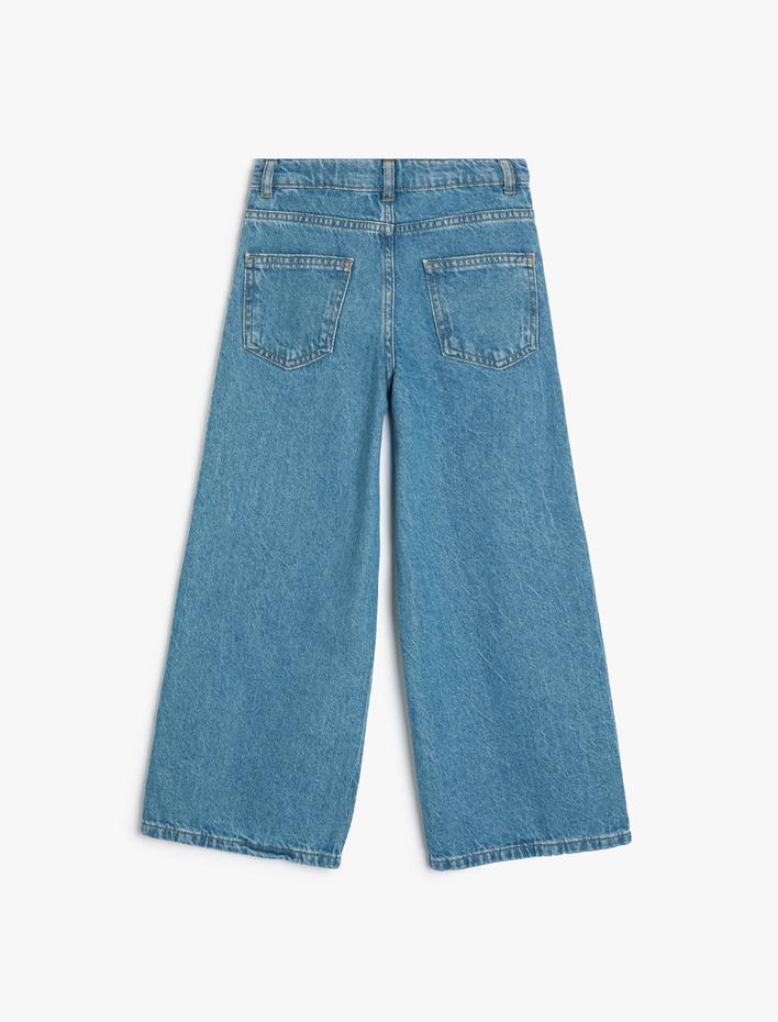 Kız Çocuk Geniş Paça Kot Pantolon Cepli Pamuklu - Wide Leg Jean