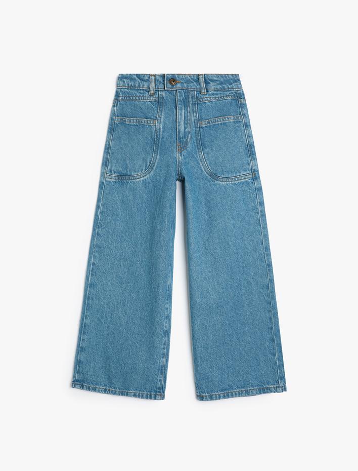 Kız Çocuk Geniş Paça Kot Pantolon Cepli Pamuklu - Wide Leg Jean