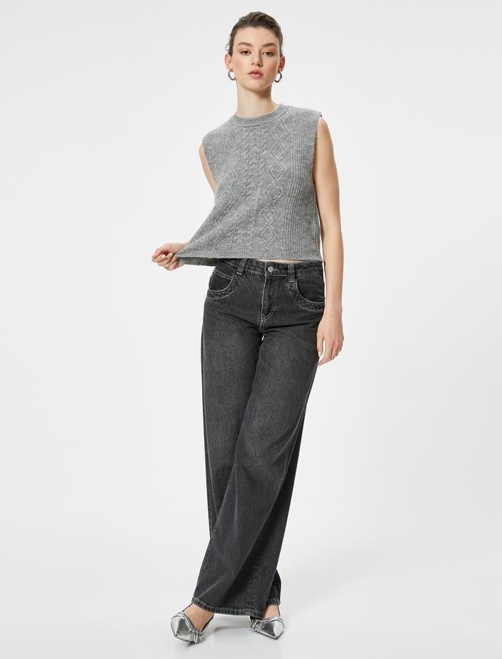  Dokulu Bisiklet Yaka Kolsuz Örgü Süveter