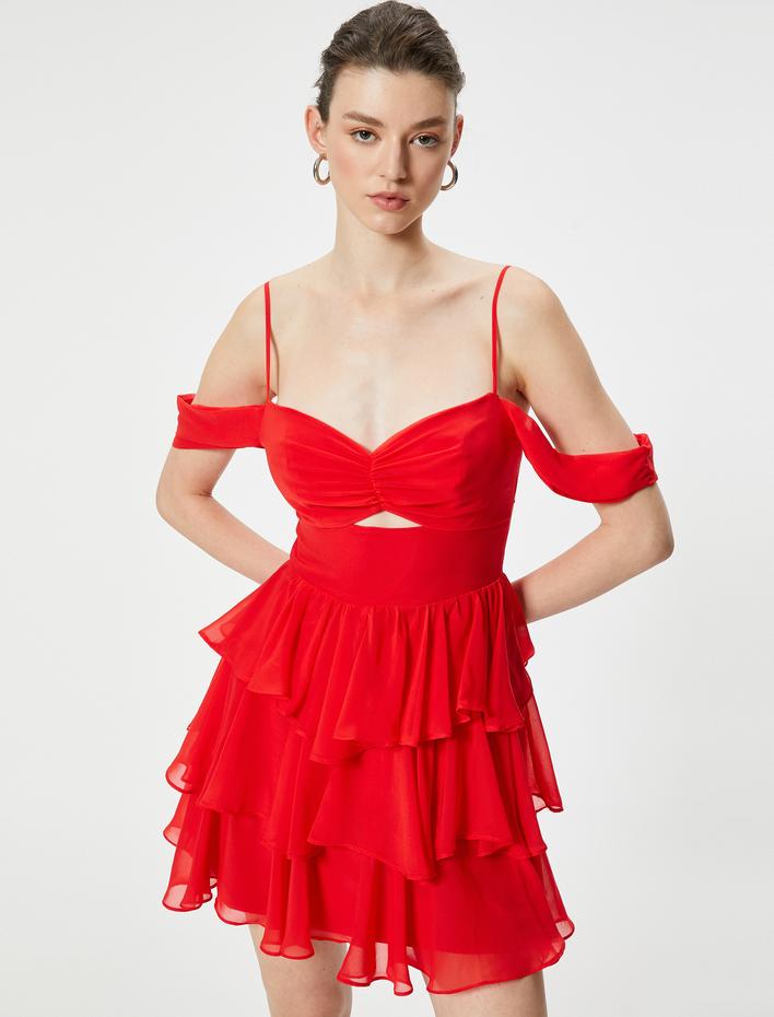  Mini Şifon Elbise Volanlı Kalp Yaka Kol Detaylı