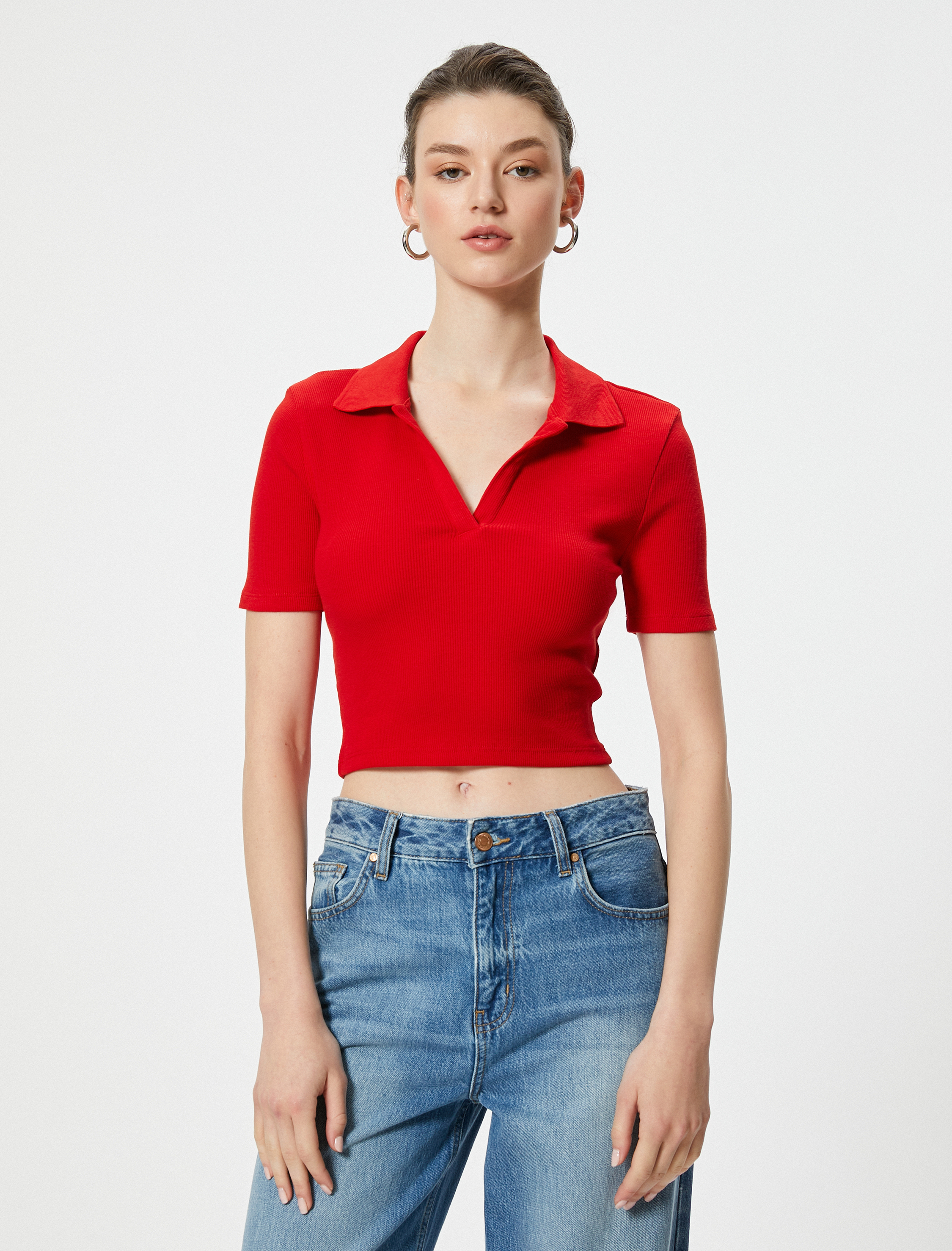   Crop Tişört Basic Polo Yaka Kısa Kollu